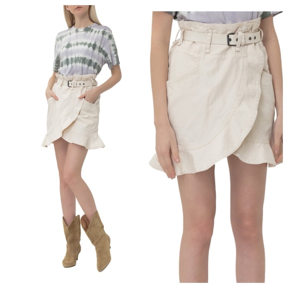 Isabel Marant Etoile | Roan Ruffled Denim Wrap Mini Skirt Green Khaki | 6